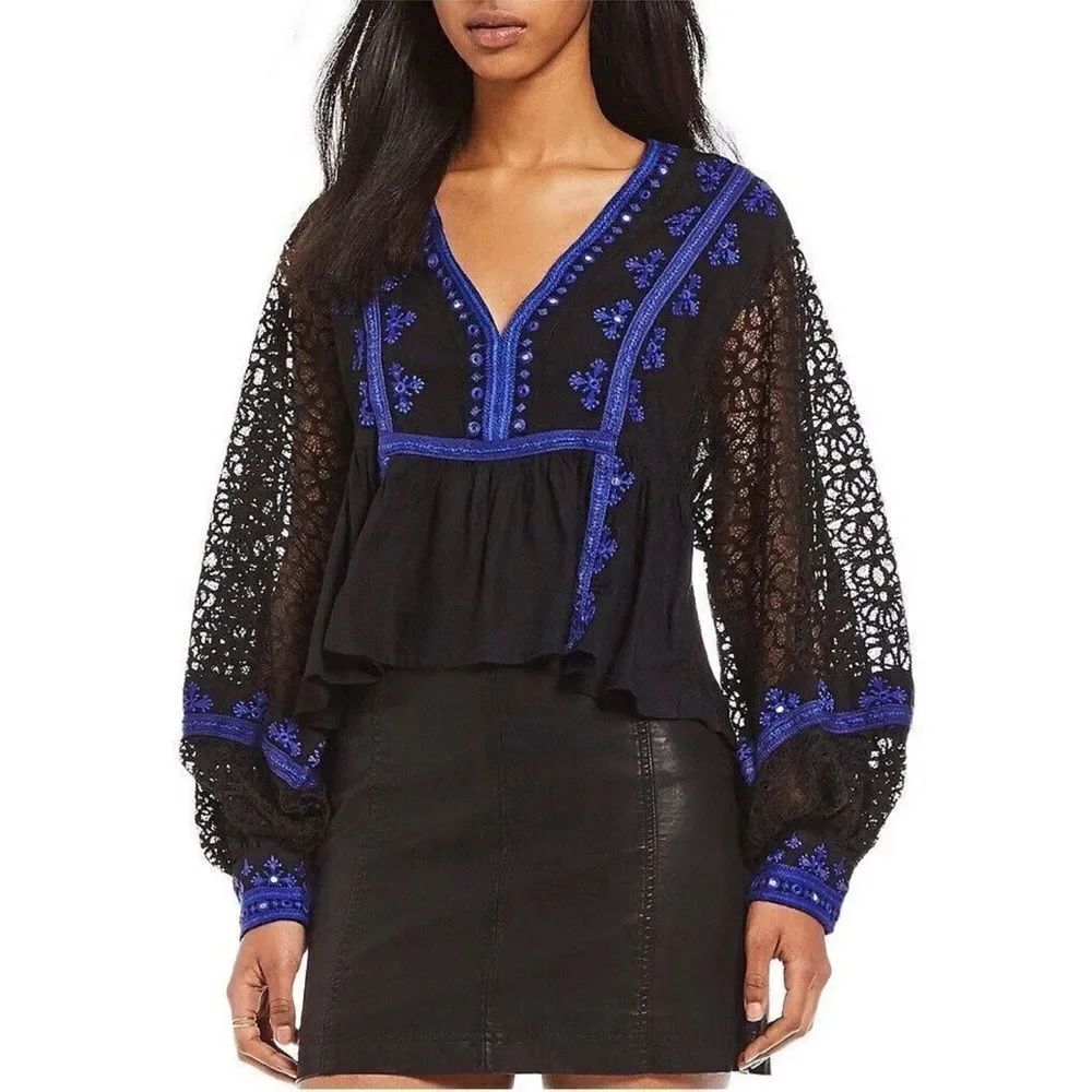 Free People Boogie All Night Blouse Black Blue Long Sleeve Lace Embroidery Sz SP